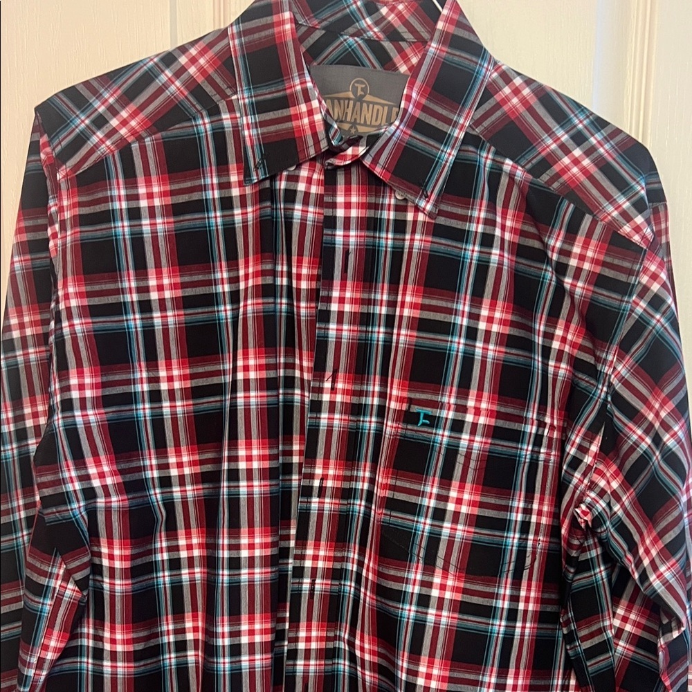 Panhandle Red and Black Teal Plaid Button-Down Shirt